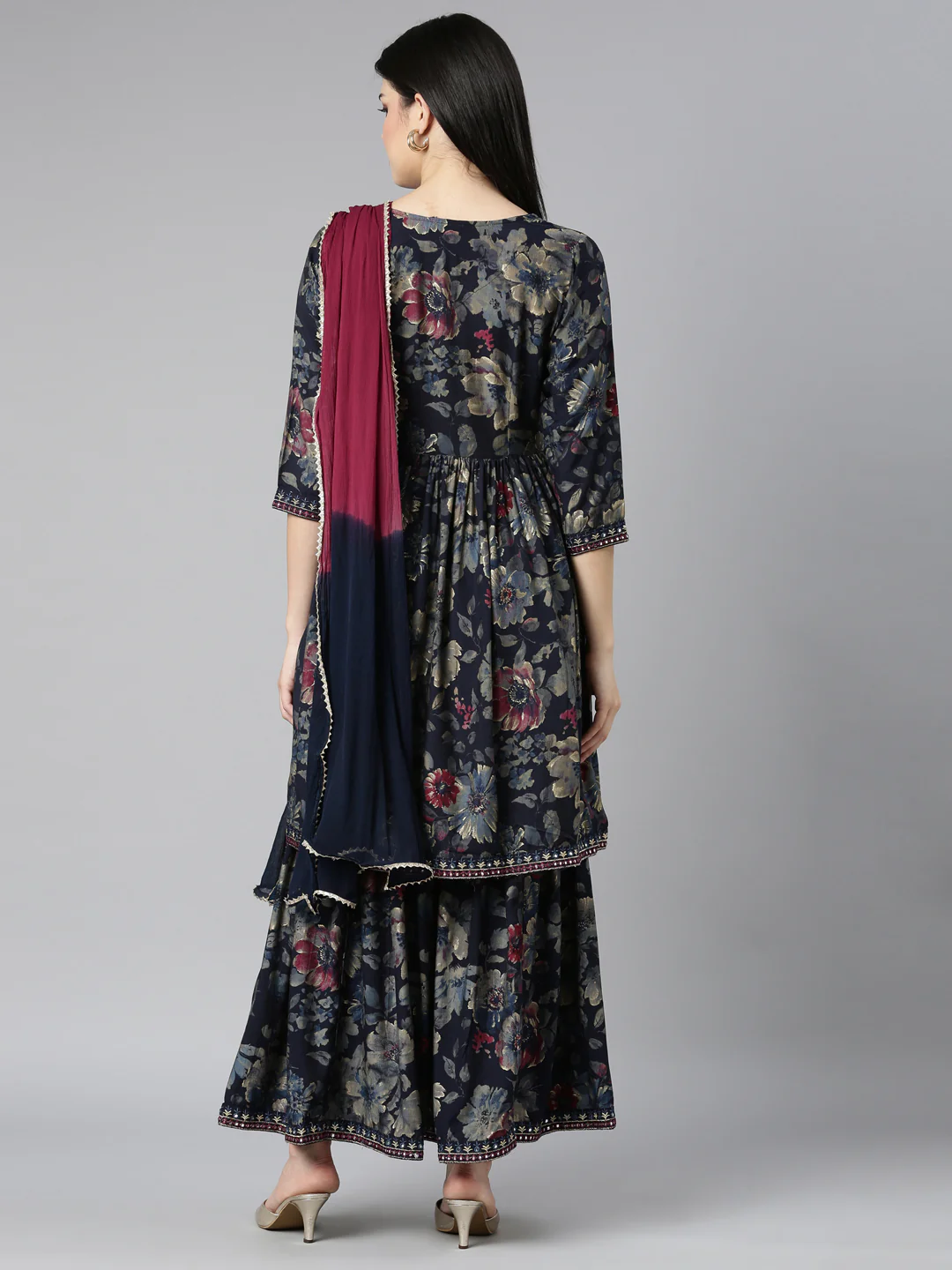 Neerus Navy Blue Regular Straight Floral Kurta And Sharara With Dupatta - Image 3