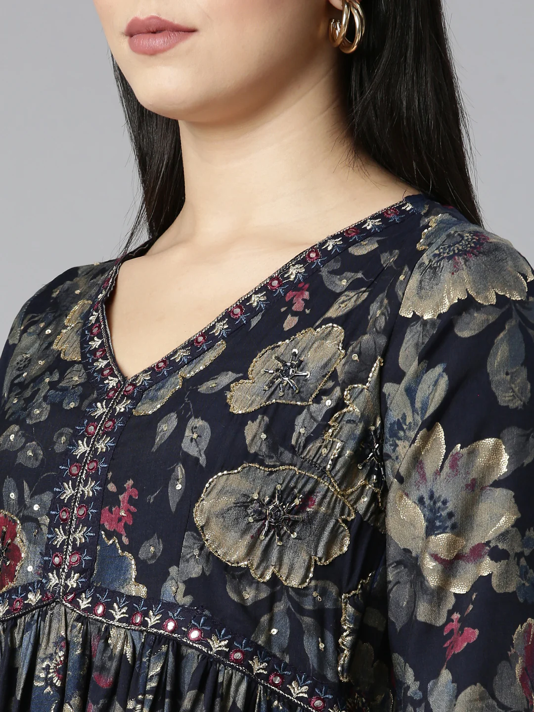 Neerus Navy Blue Regular Straight Floral Kurta And Sharara With Dupatta - Image 4