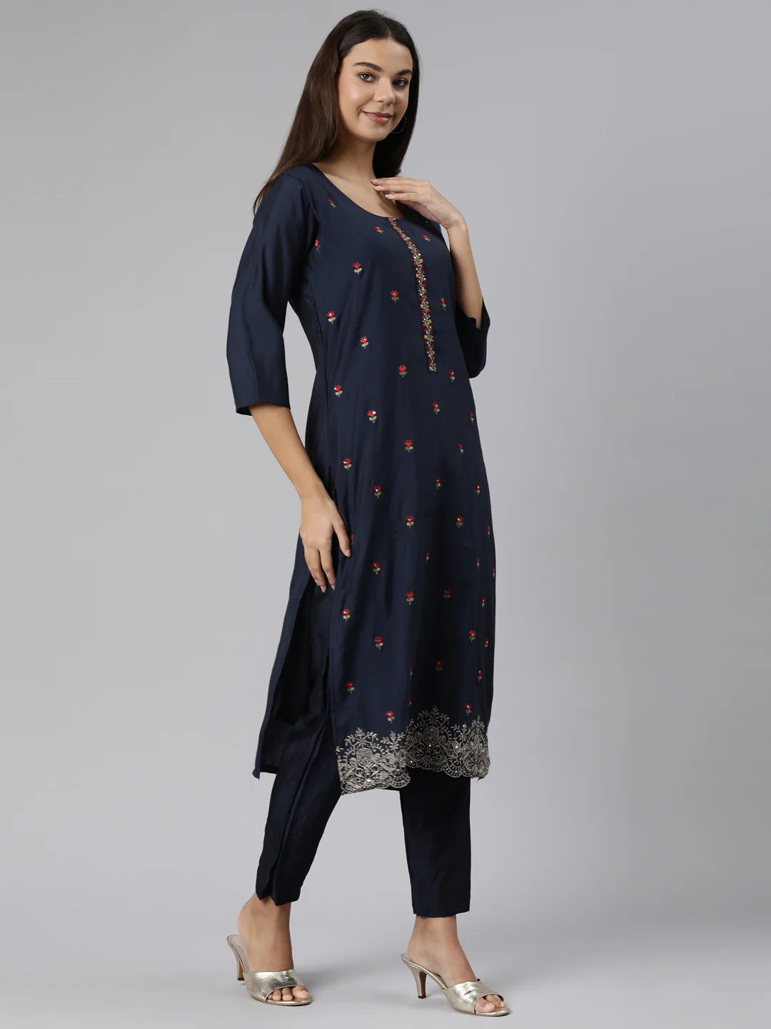 Neerus Navy Blue Regular Straight Floral Readymade suits - Image 2