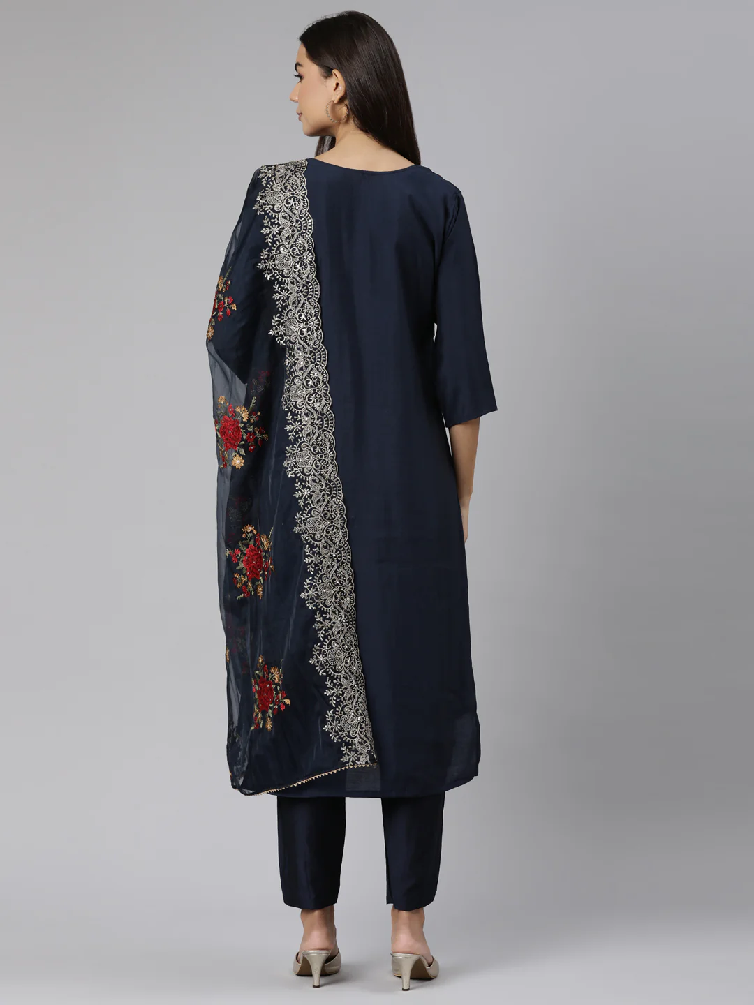 Neerus Navy Blue Regular Straight Floral Readymade suits - Image 3