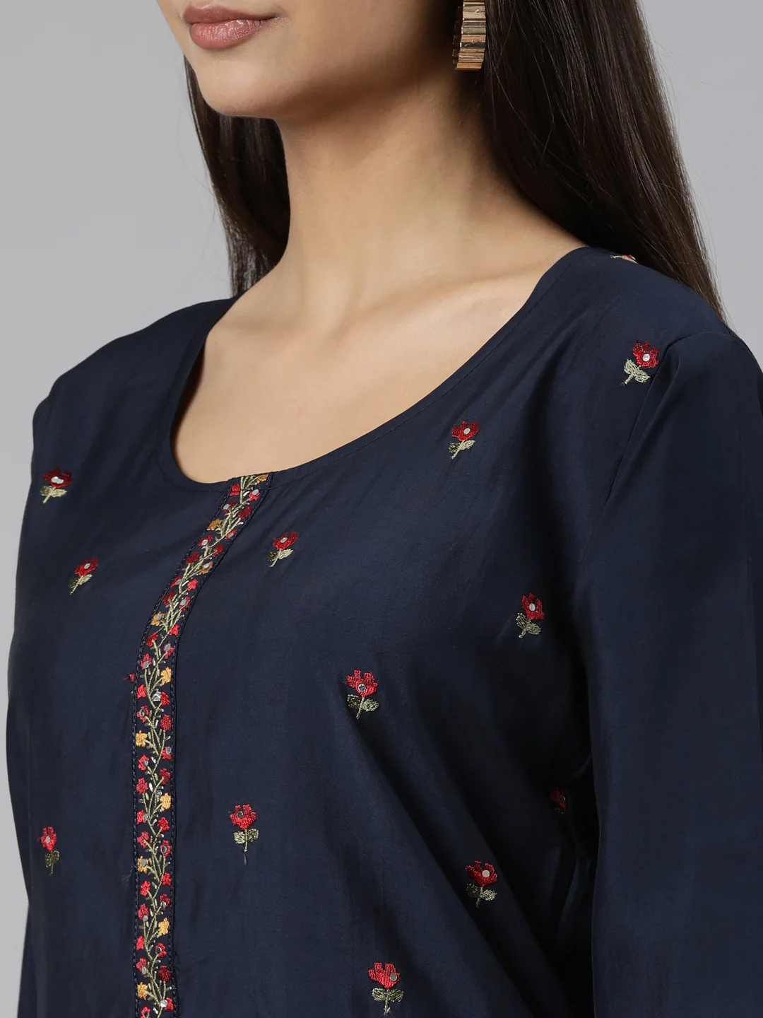 Neerus Navy Blue Regular Straight Floral Readymade suits - Image 4
