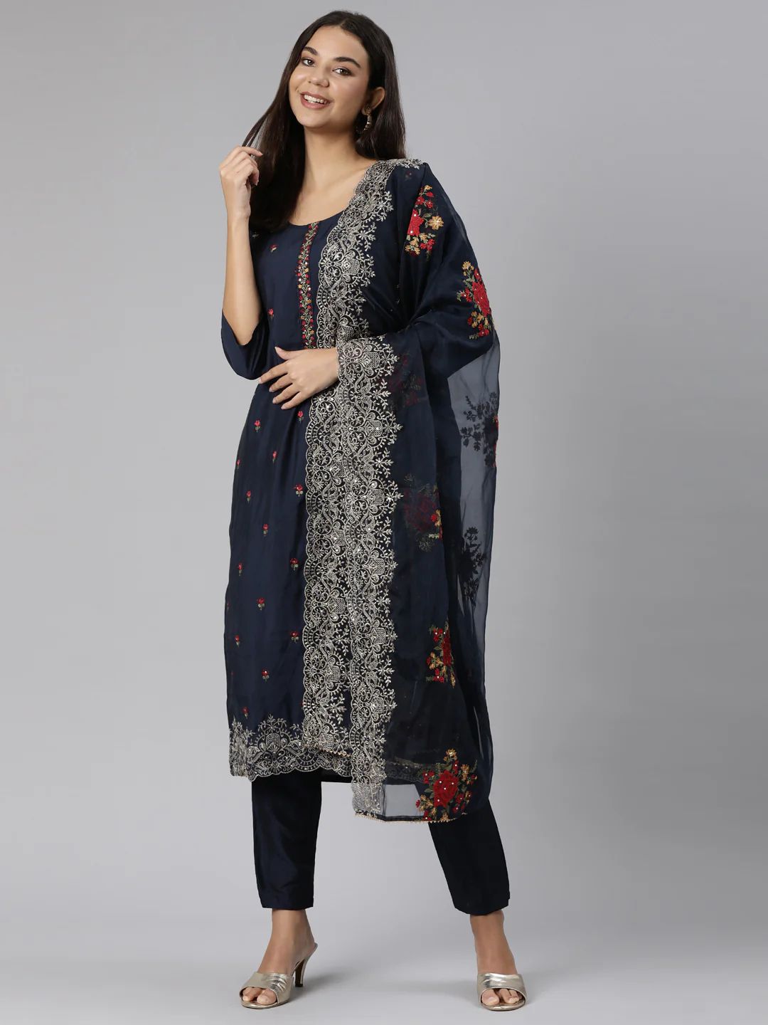 Neerus Navy Blue Regular Straight Floral Readymade suits - Image 5