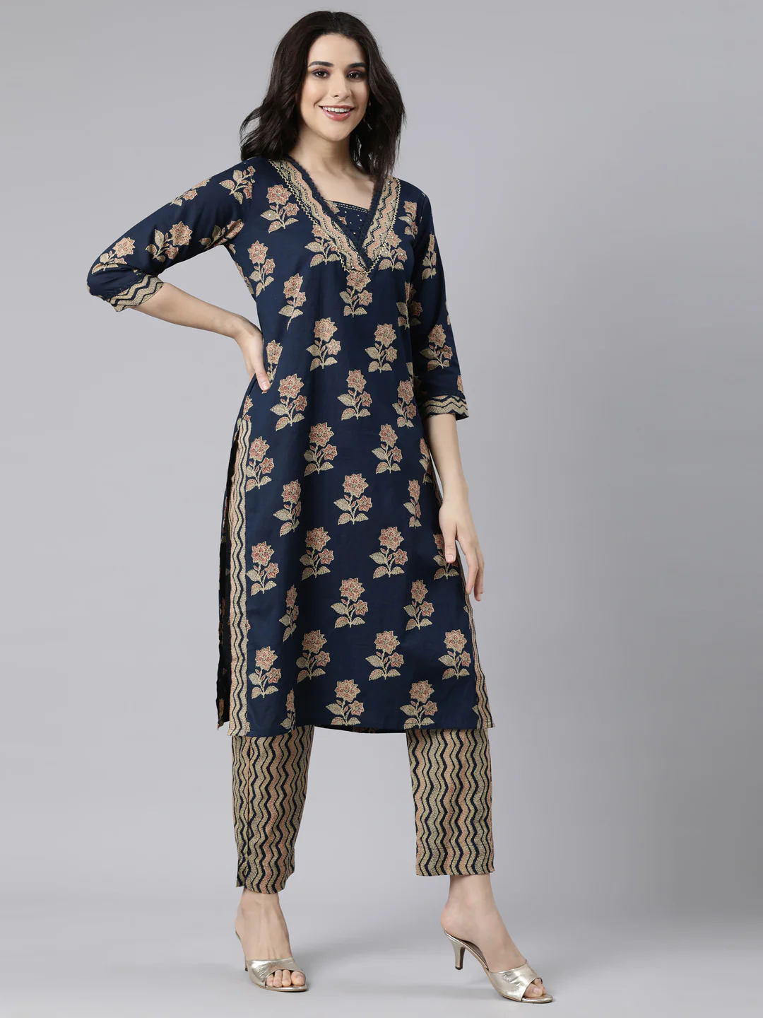 Neerus Navy Blue Regular Straight Floral Kurta And  Trousers With Dupatta - Image 2