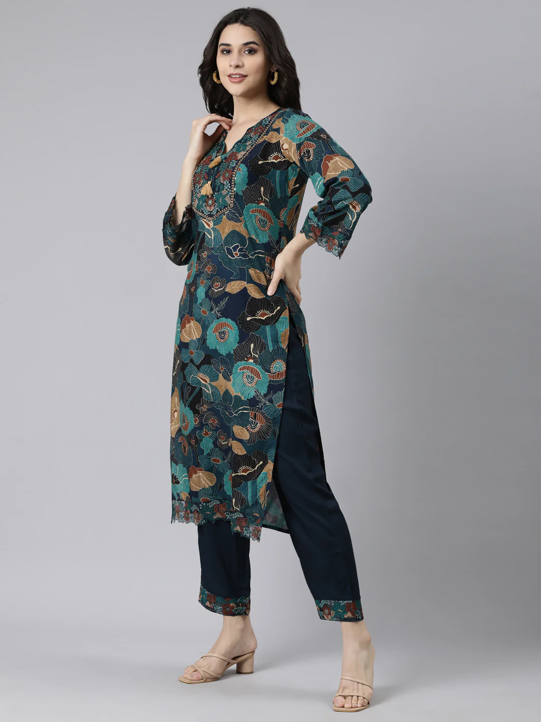 Neerus Navy Blue Regular Straight Floral Kurta And  Trousers With Dupatta - Image 2