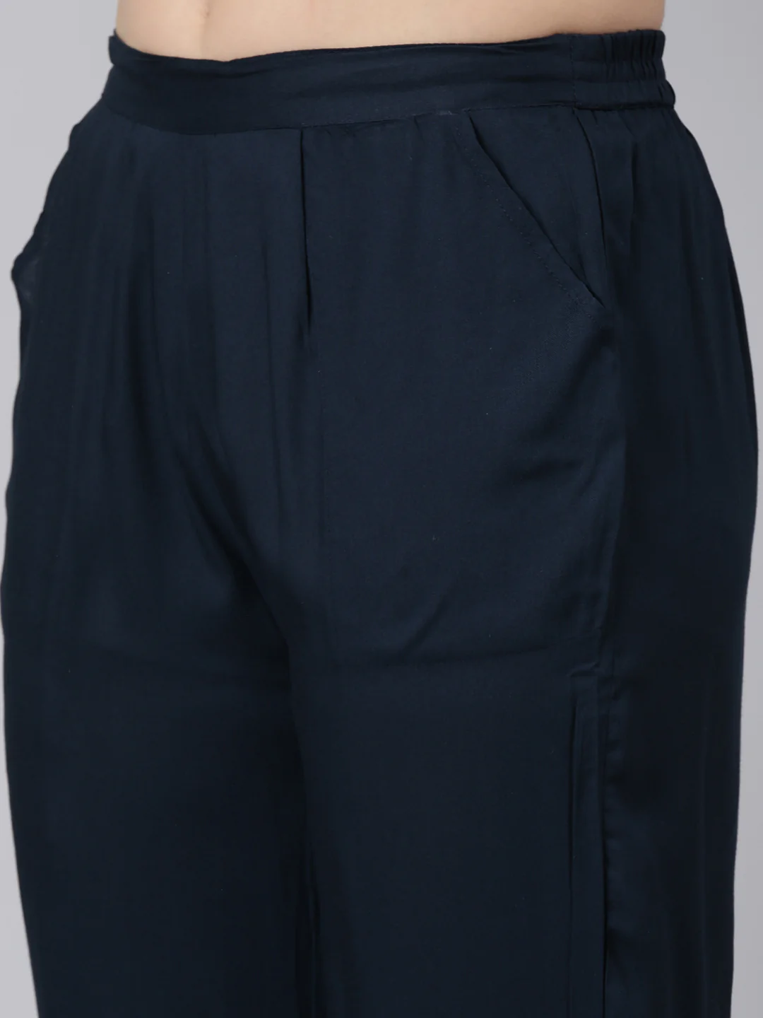 Neerus Navy Blue Regular Straight Floral Kurta And  Trousers With Dupatta - Image 6