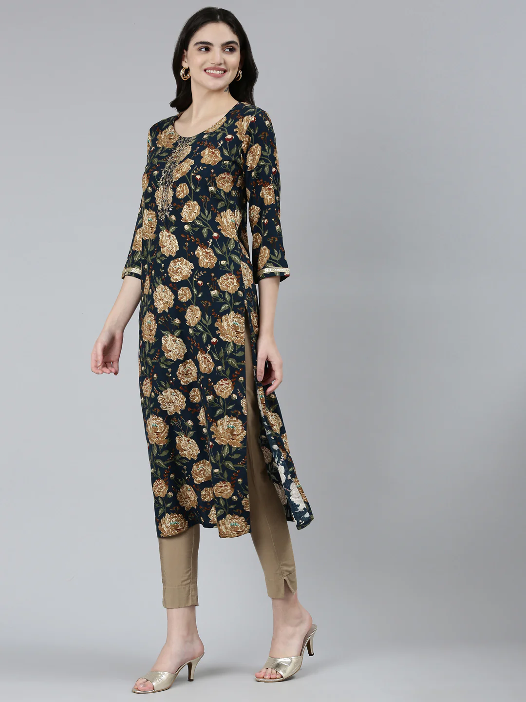 Neerus Navy Blue Regular Straight Floral Kurta - Image 2
