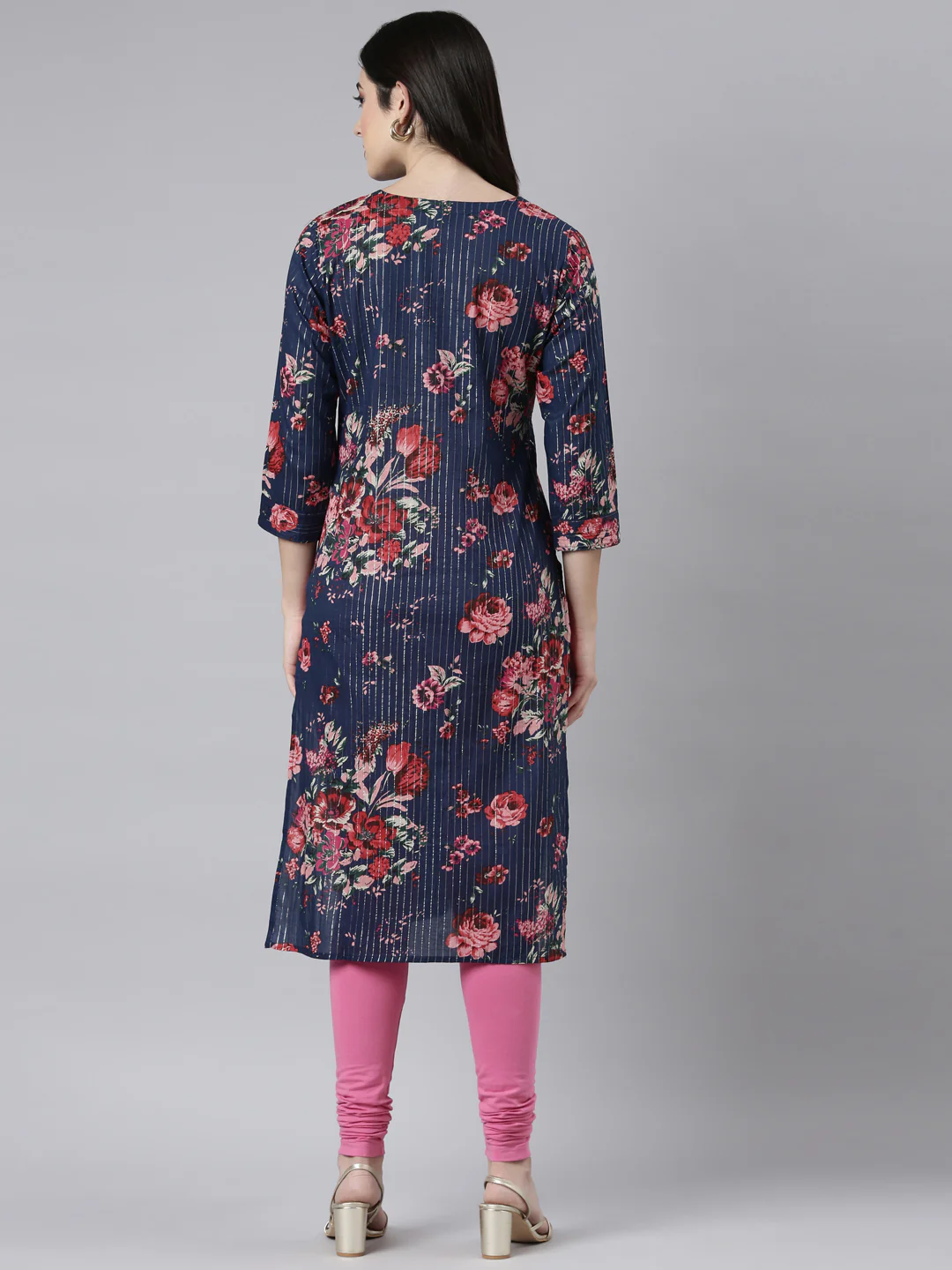 Neerus Navy Blue Regular Straight Floral Kurta - Image 3