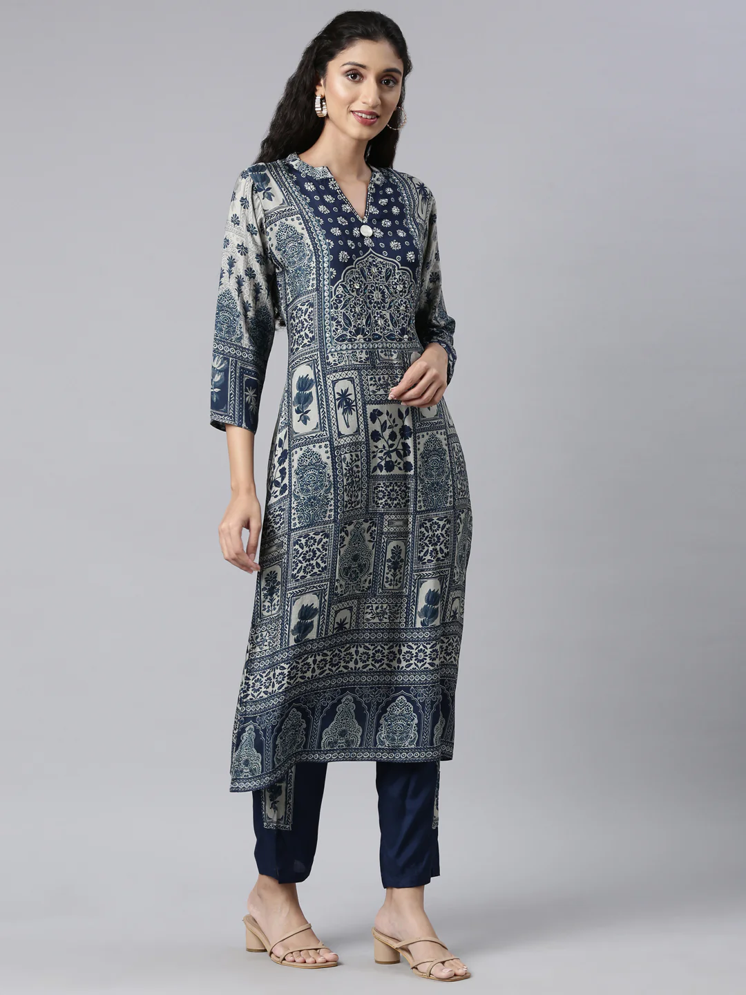 Neerus Navy Blue Regular Straight Kurta and Trousers With Dupatta - Image 2