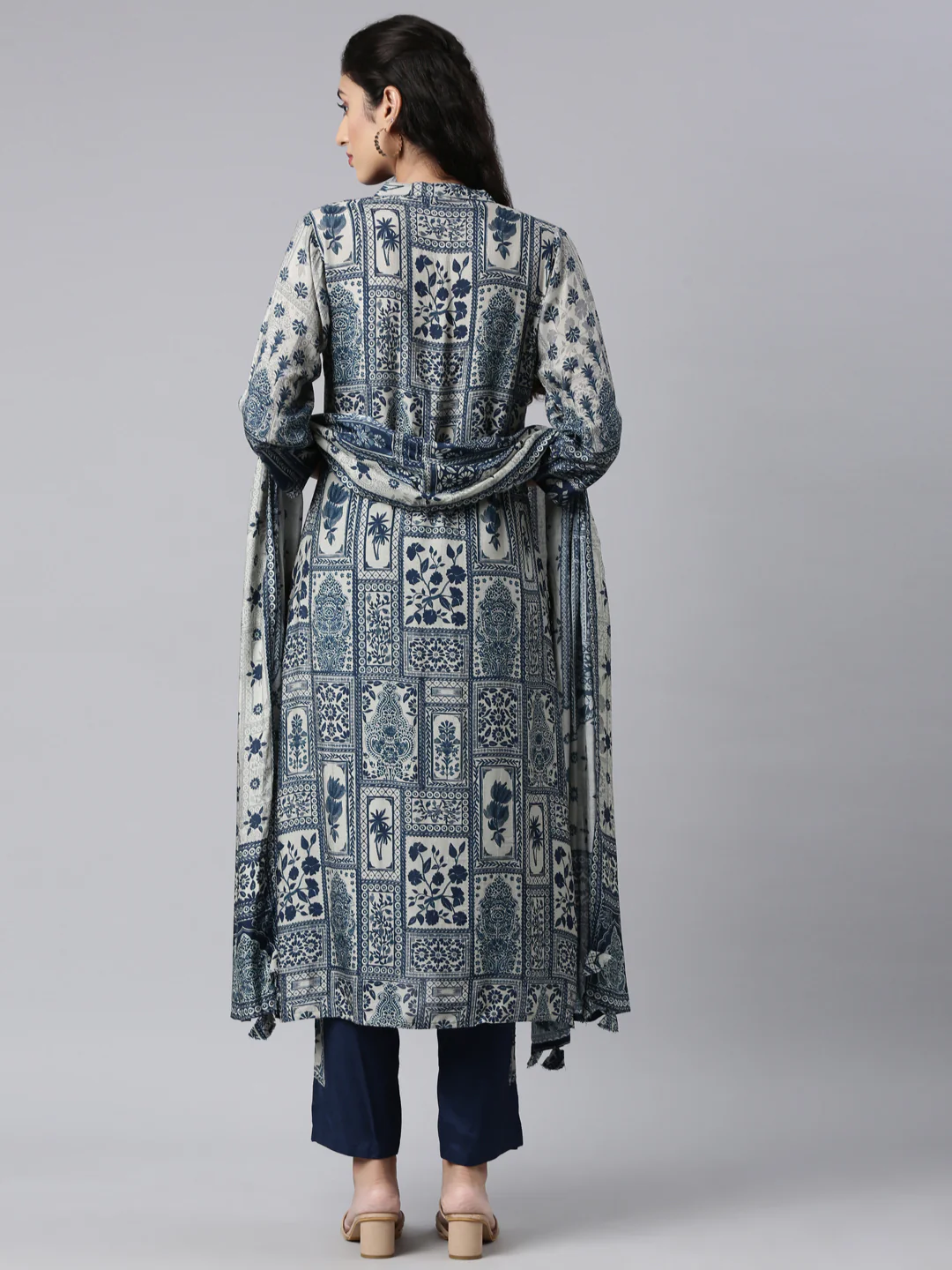 Neerus Navy Blue Regular Straight Kurta and Trousers With Dupatta - Image 3