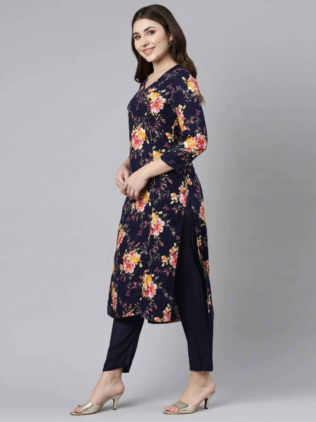 Neerus Navy Blue Regular Straight Printed Kurta And Trousers With Dupatta - Image 2