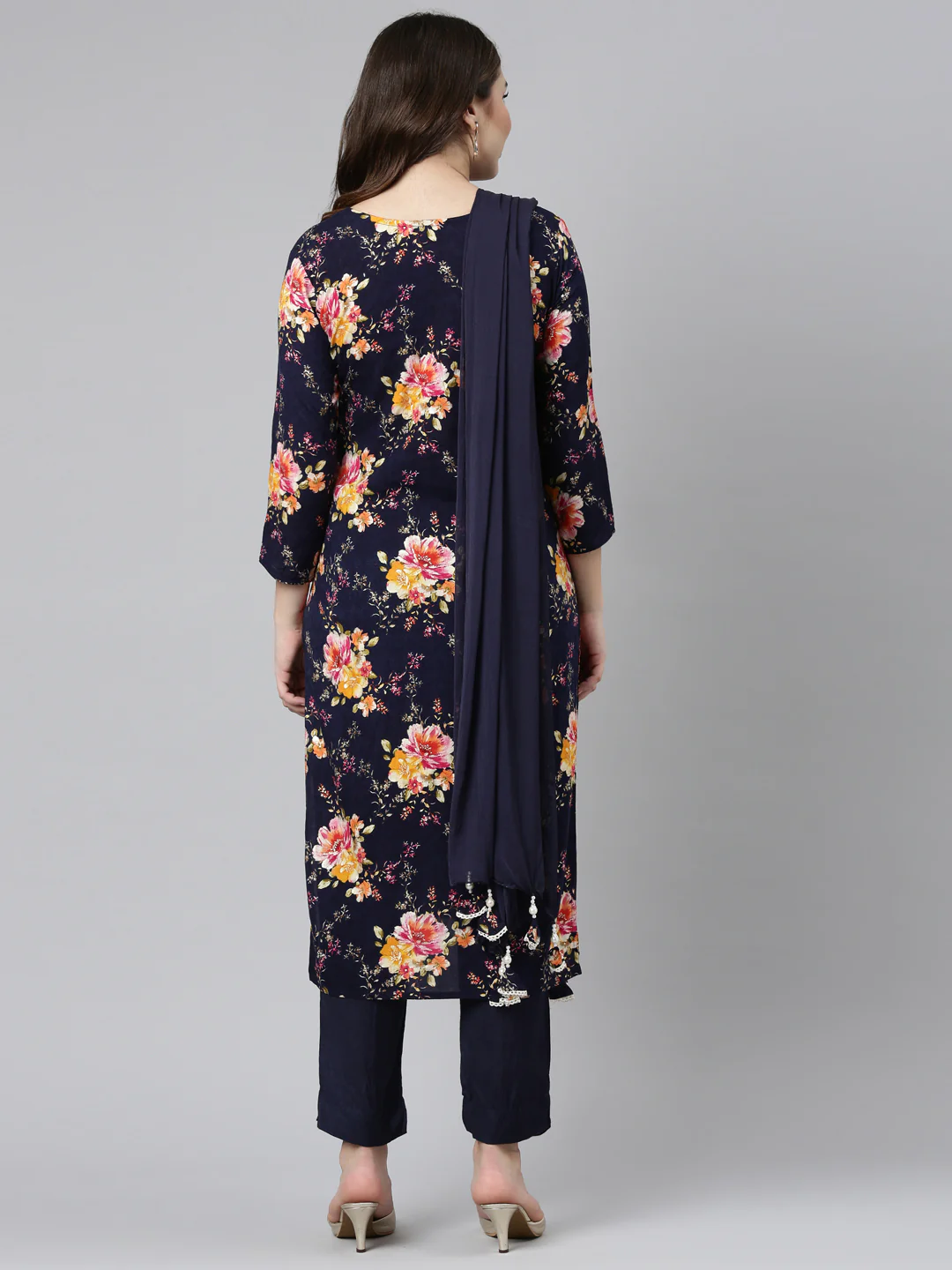 Neerus Navy Blue Regular Straight Printed Kurta And Trousers With Dupatta - Image 3