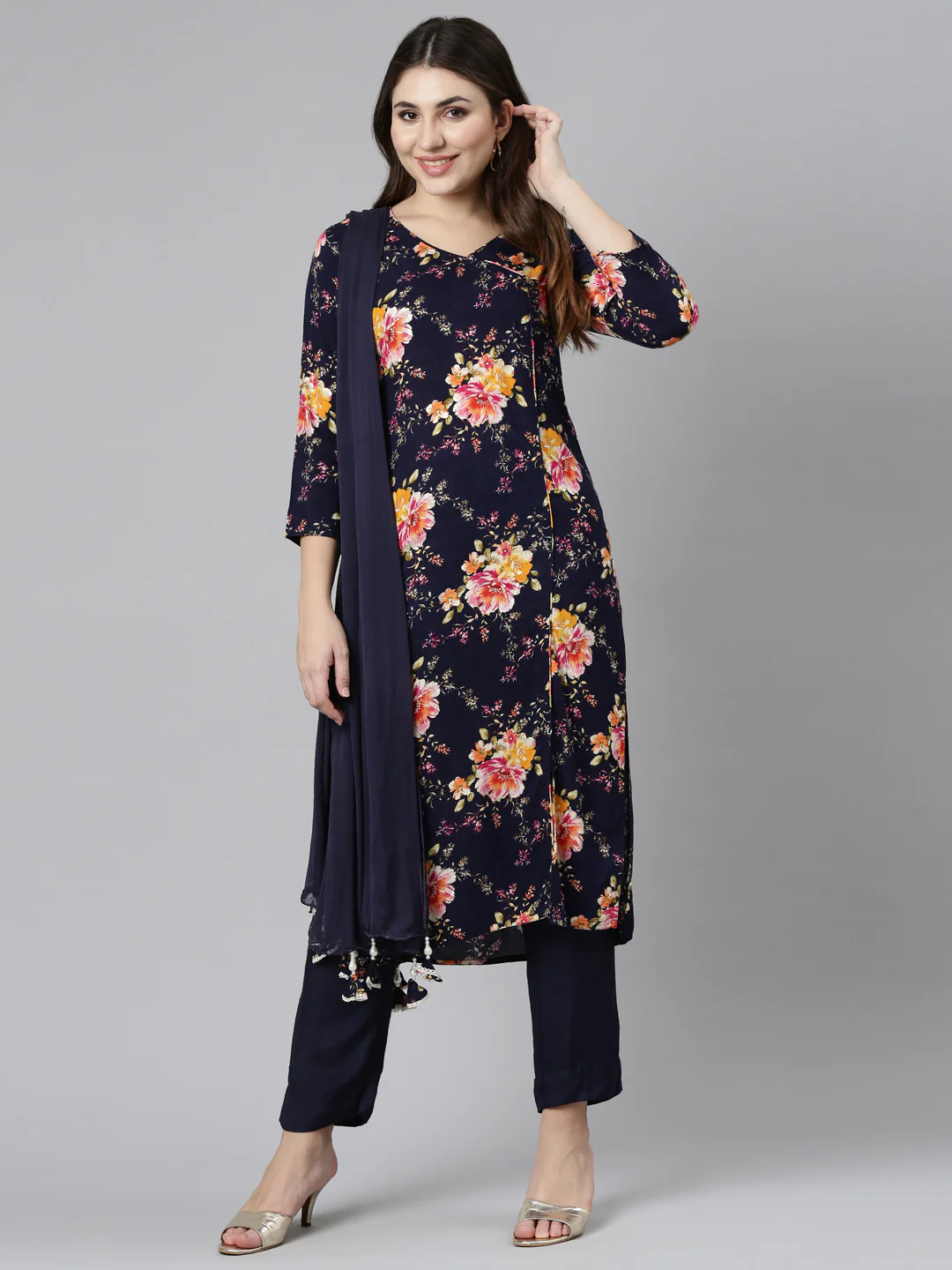 Neerus Navy Blue Regular Straight Printed Kurta And Trousers With Dupatta - Image 5