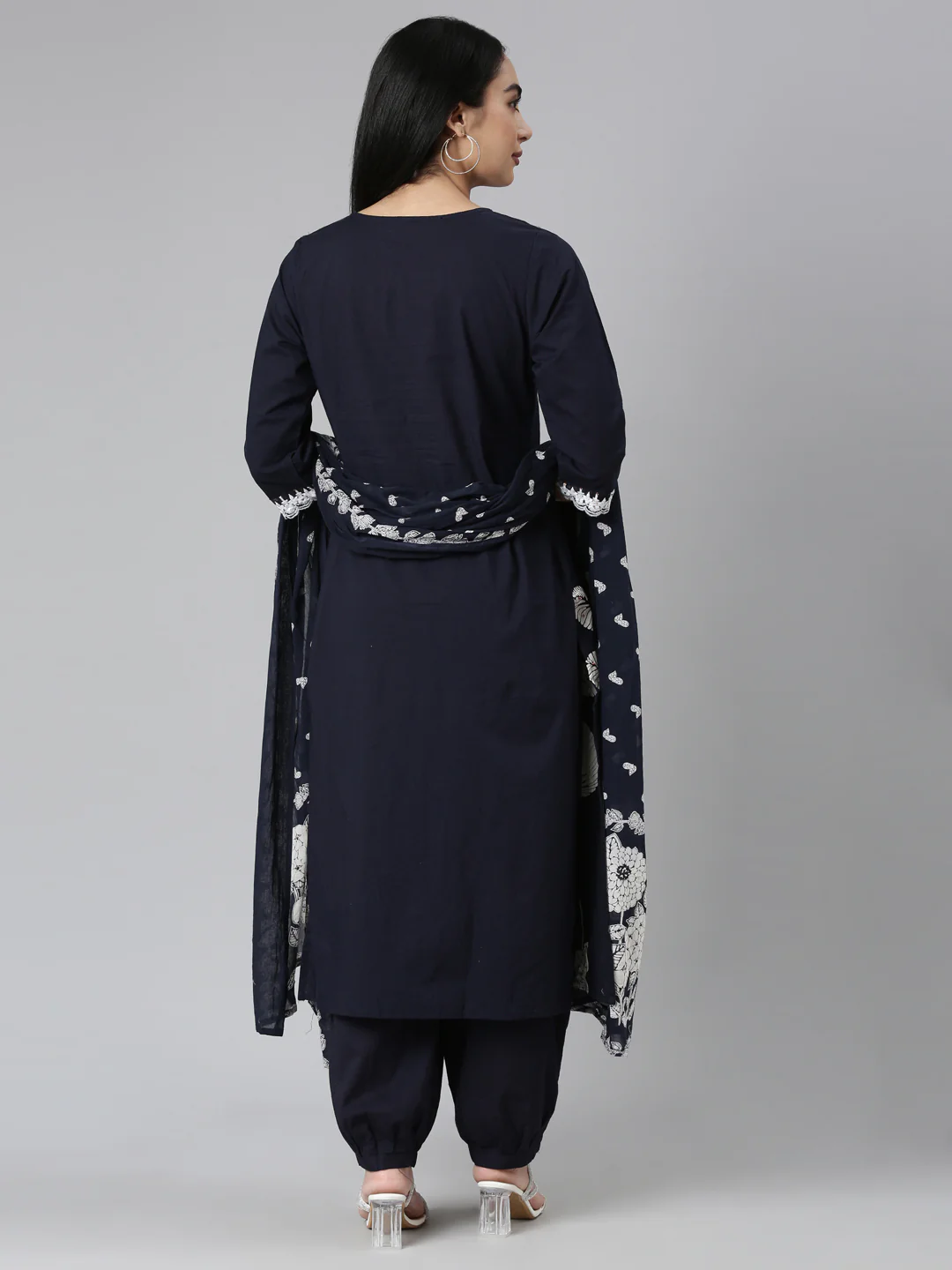 Neerus Navy Blue Regular Straight Solid Kurta and Trousers With Dupatta - Image 3