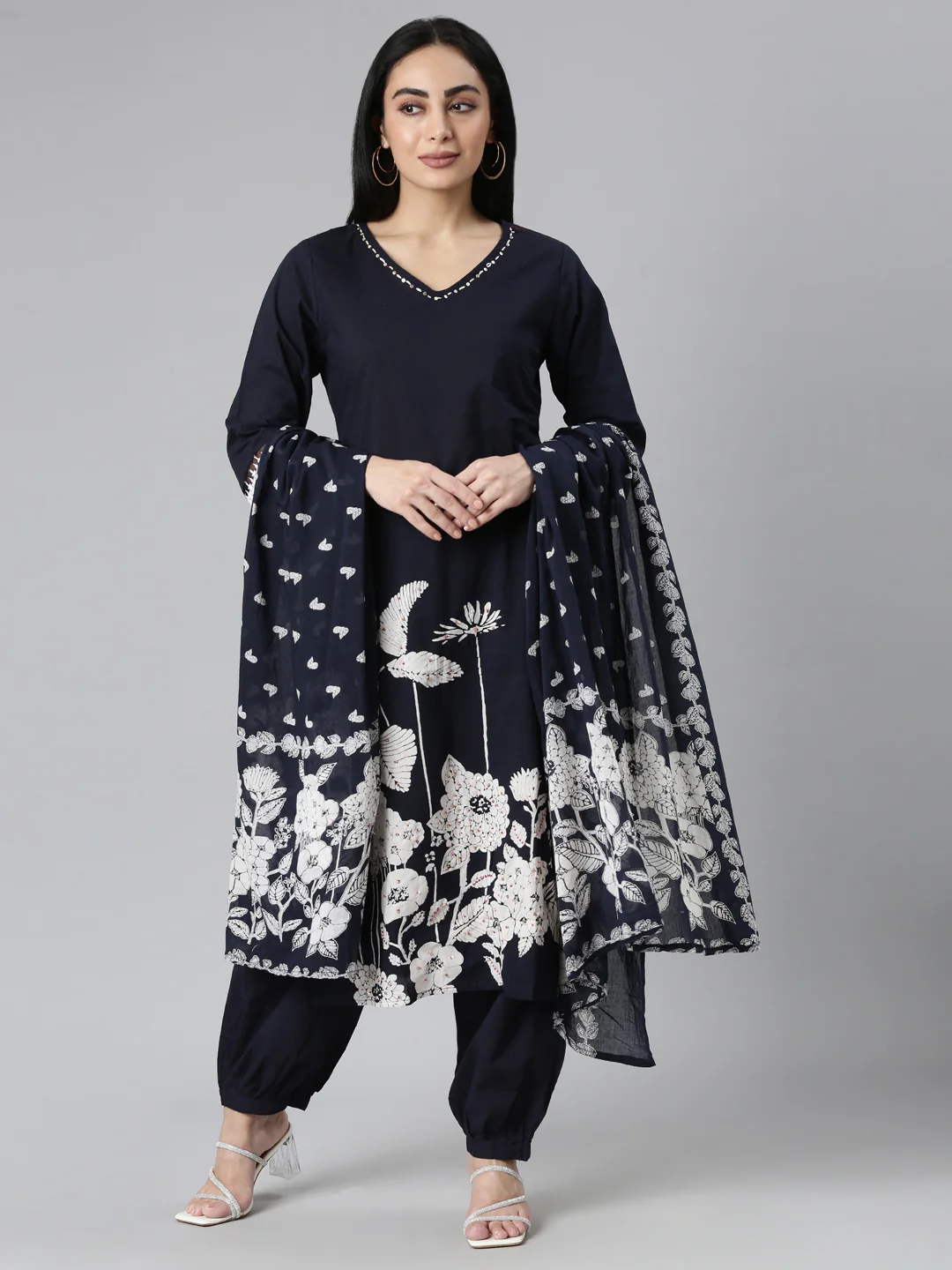 Neerus Navy Blue Regular Straight Solid Kurta and Trousers With Dupatta - Image 5