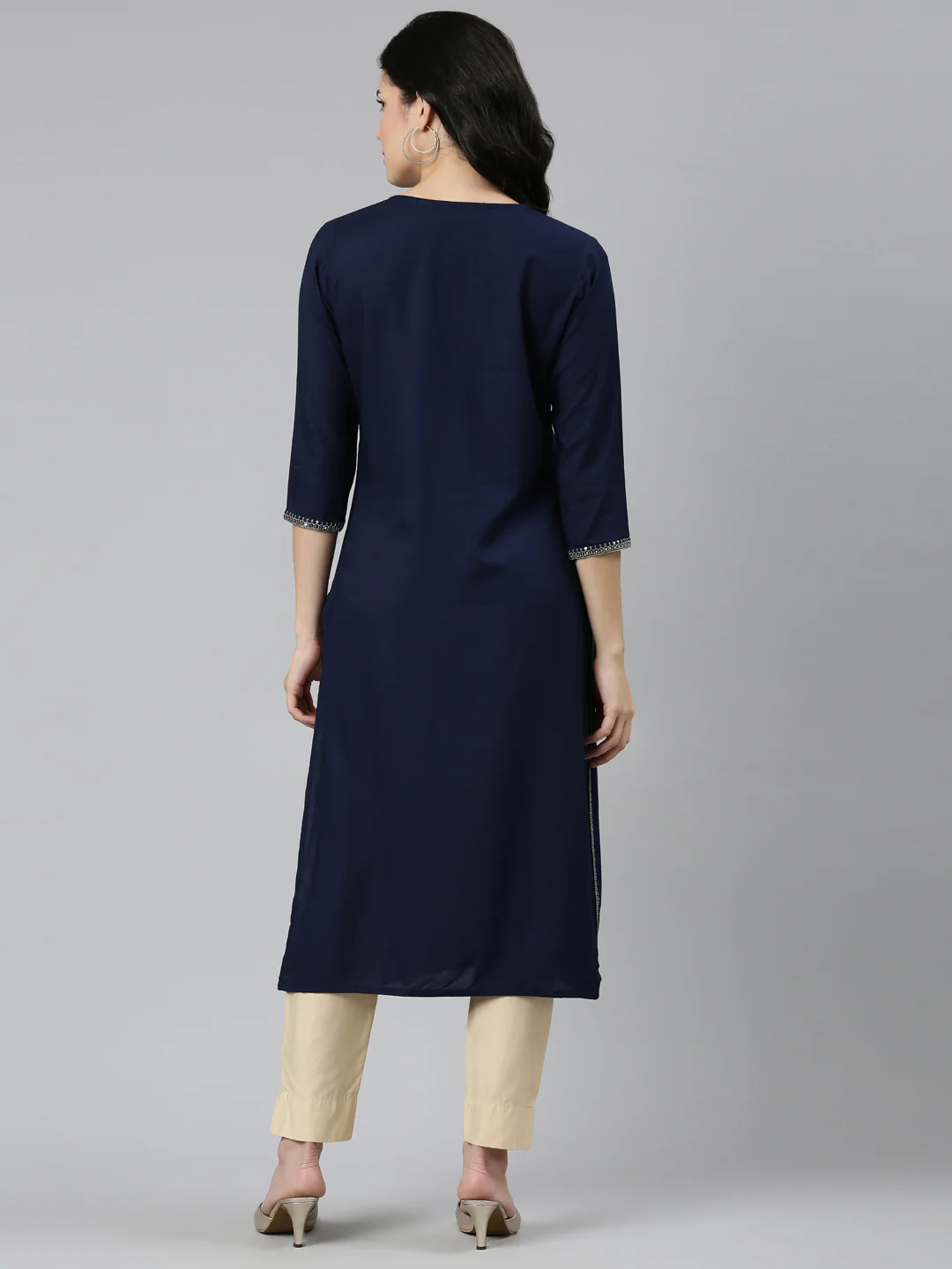 Neerus Navy Blue Regular Straight Solid Kurta - Image 4
