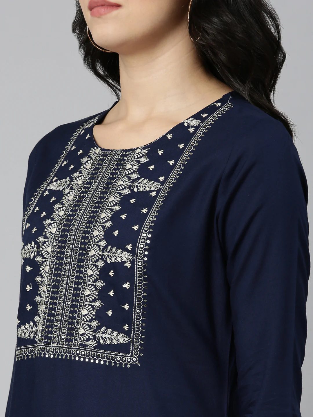 Neerus Navy Blue Regular Straight Solid Kurta - Image 5