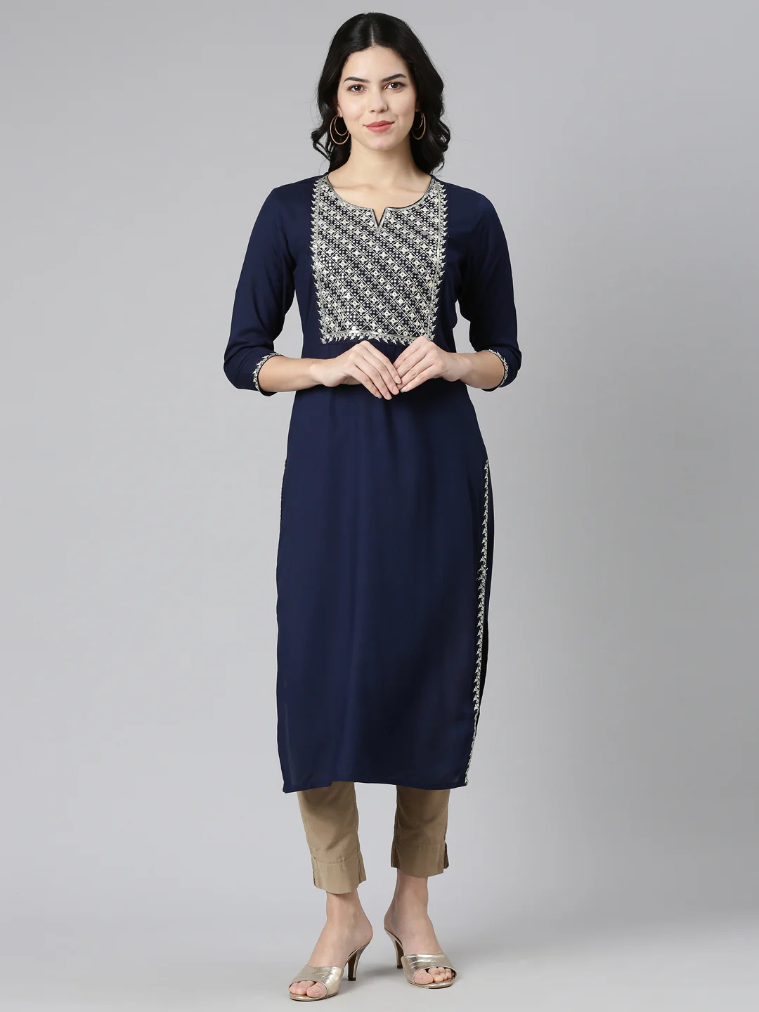 Neerus Navy Blue Regular Straight Solid Kurta