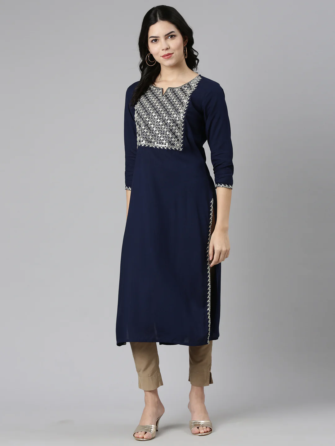 Neerus Navy Blue Regular Straight Solid Kurta - Image 5