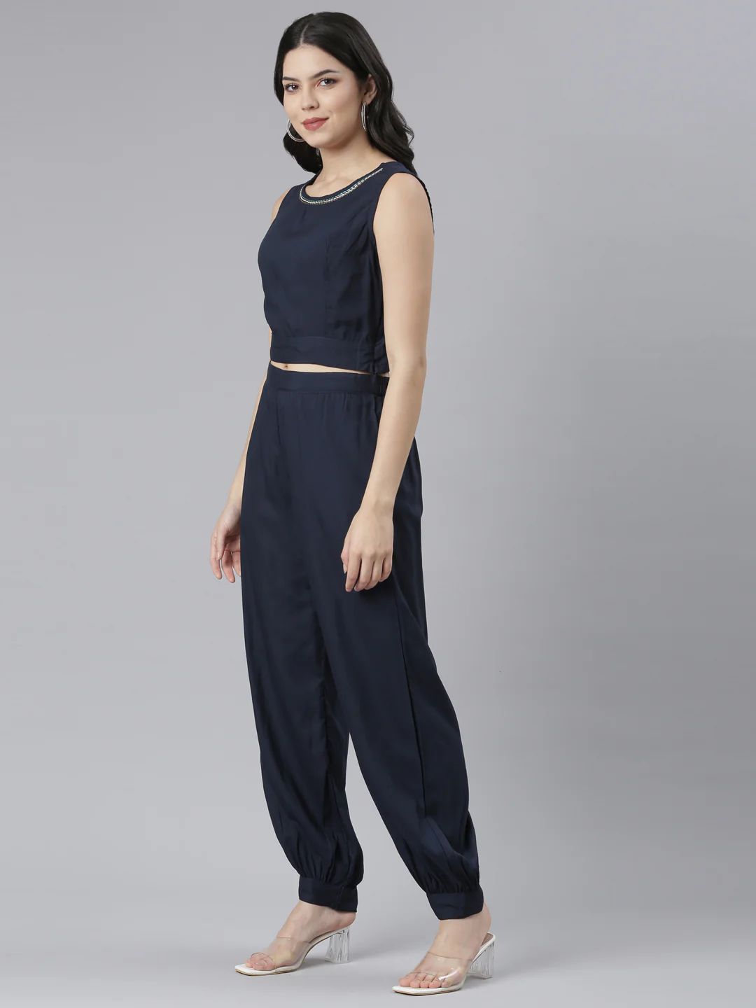 Neerus Navy Blue Regular Straight Tribal Top And Salwar With Jacket - Image 2