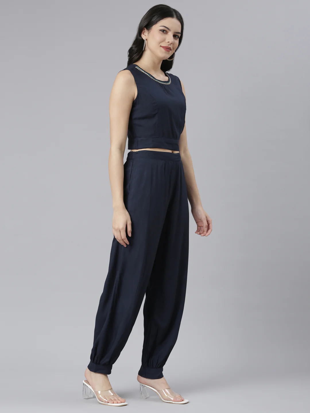 Neerus Navy Blue Regular Straight Tribal Top And Salwar With Jacket - Image 3