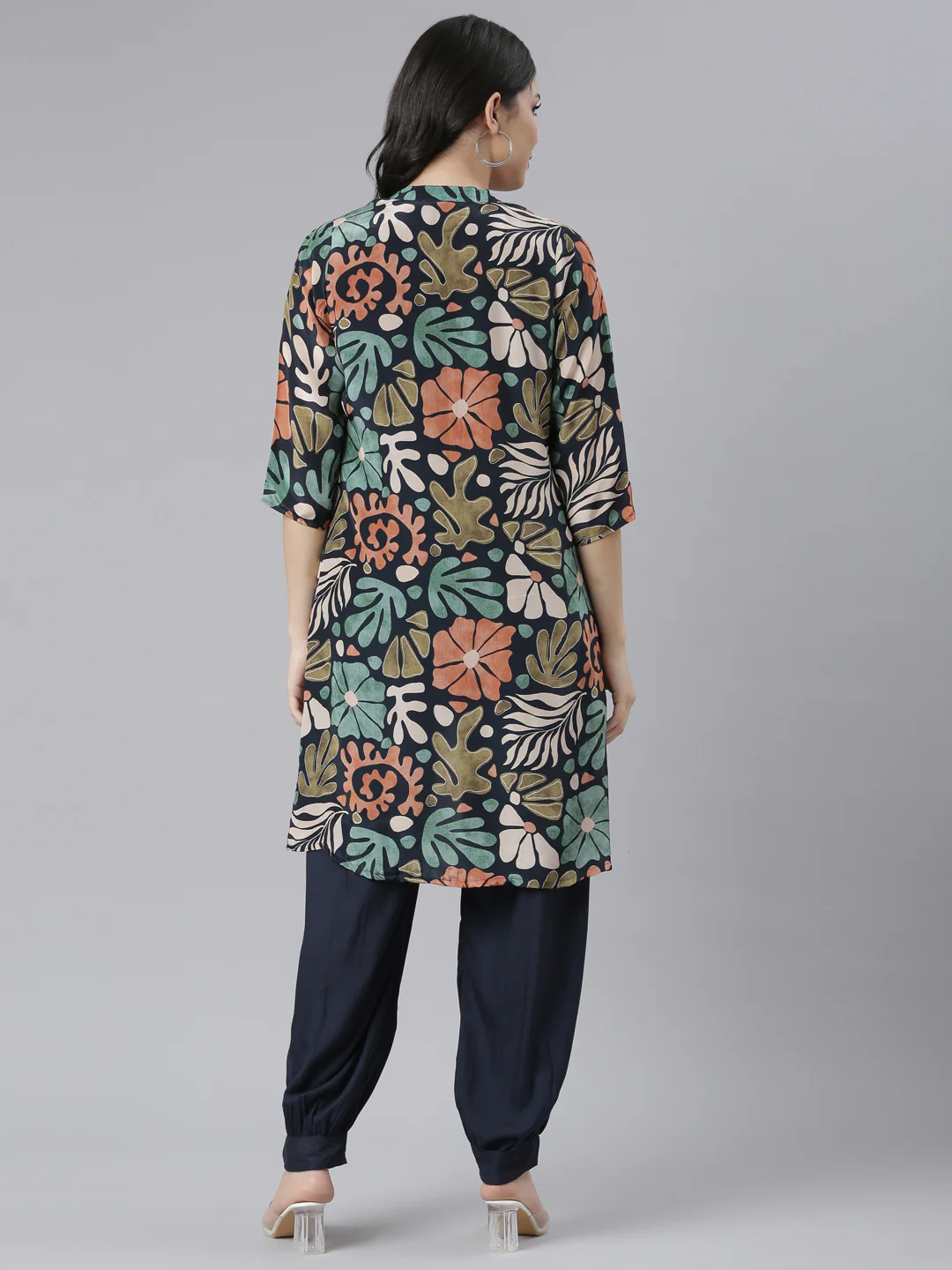 Neerus Navy Blue Regular Straight Tribal Top And Salwar With Jacket - Image 4