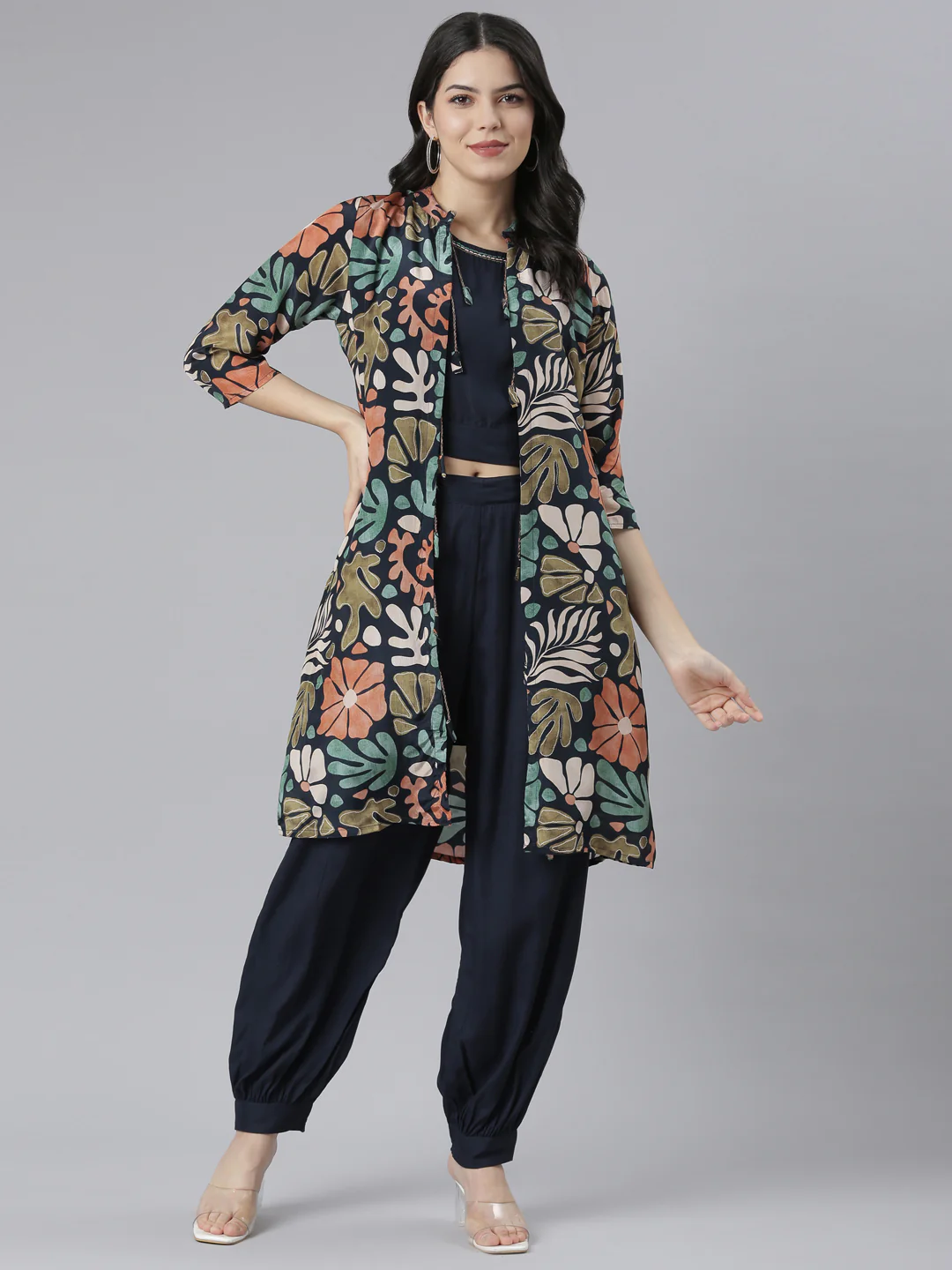 Neerus Navy Blue Regular Straight Tribal Top And Salwar With Jacket - Image 5