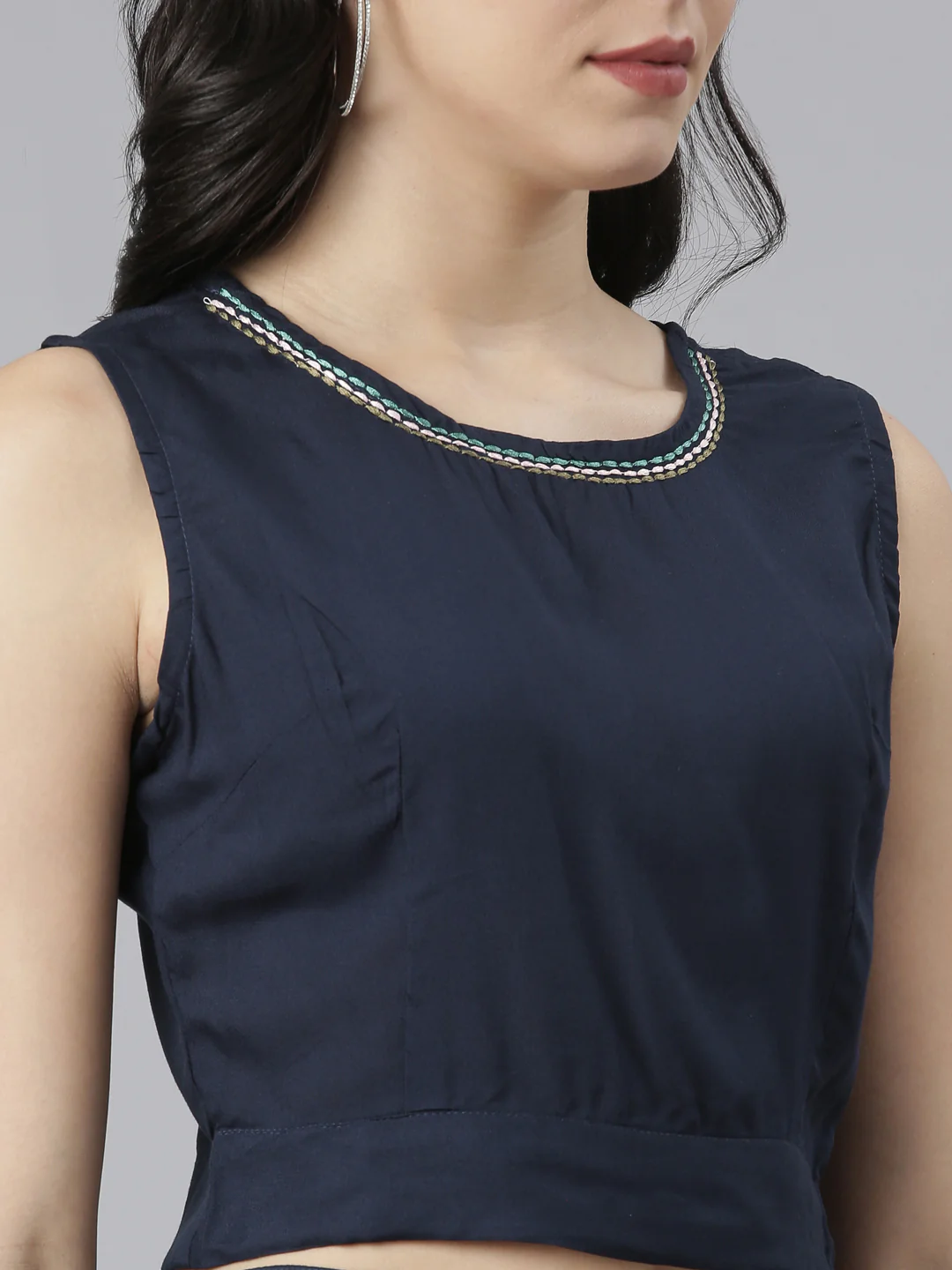 Neerus Navy Blue Regular Straight Tribal Top And Salwar With Jacket - Image 6