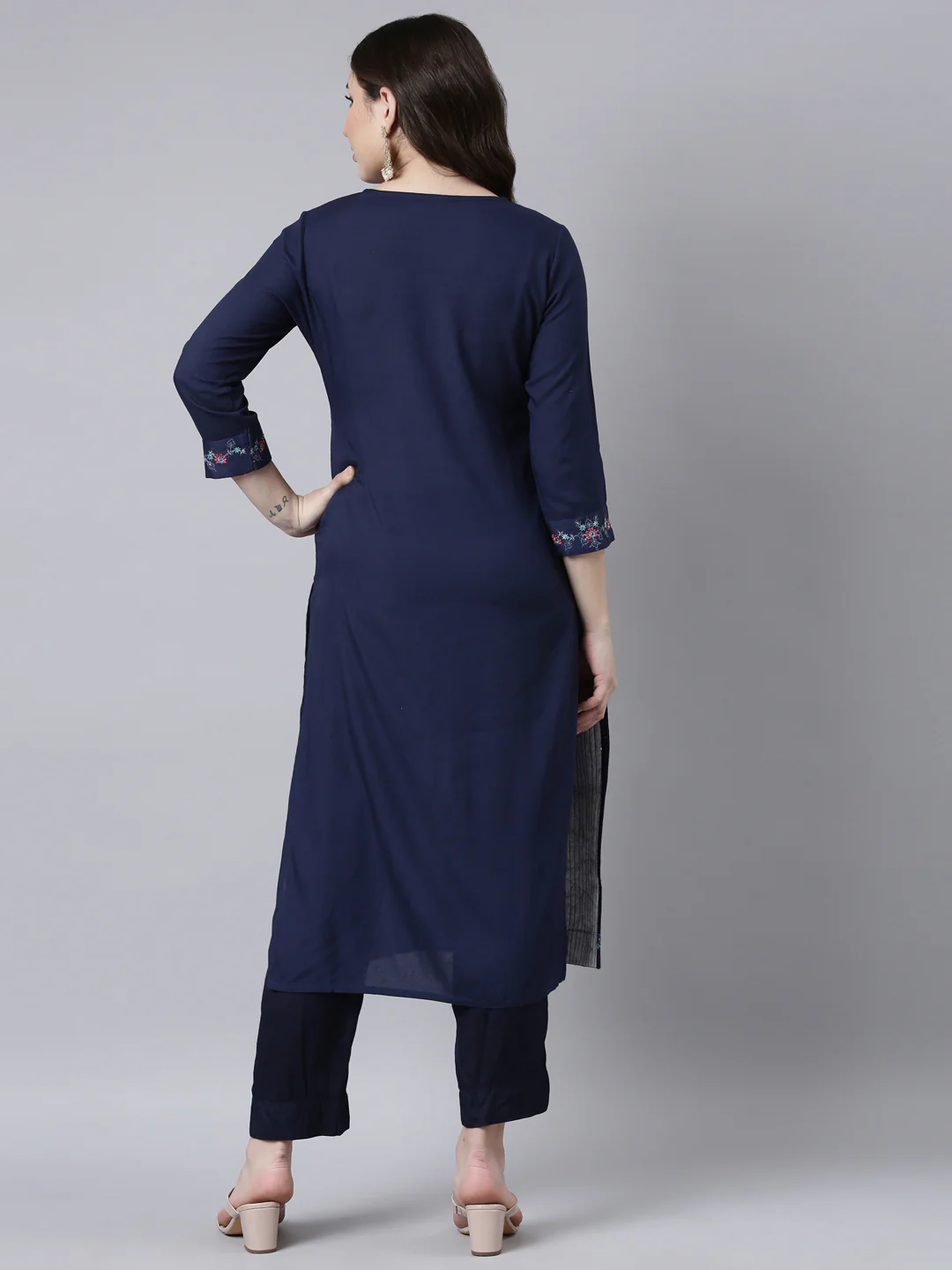 Neerus Navy Blue Regular Straight Woven Design Kurta - Image 3