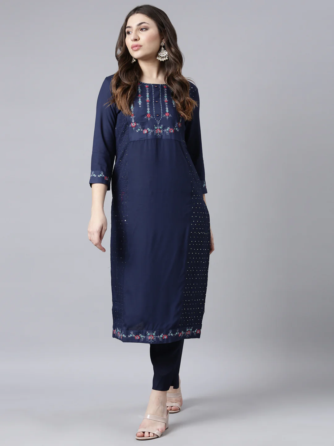 Neerus Navy Blue Regular Straight Woven Design Kurta - Image 5
