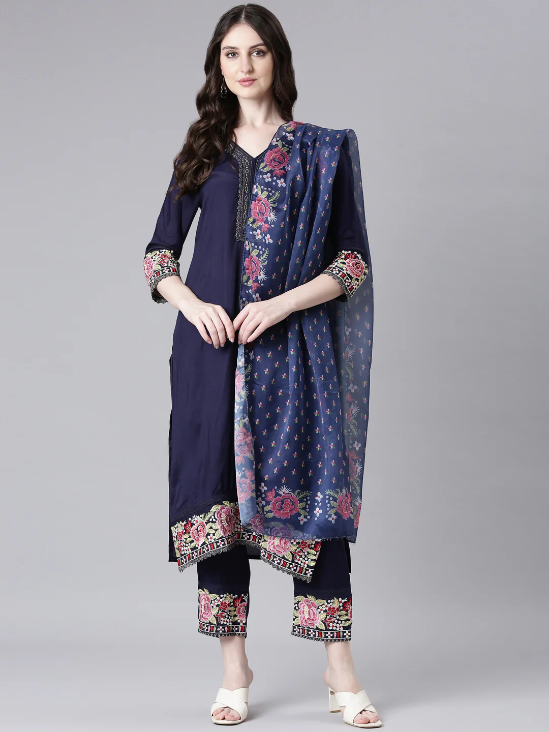 Neerus Navy Blue Solid Straight Kurta and Trousers With Dupatta