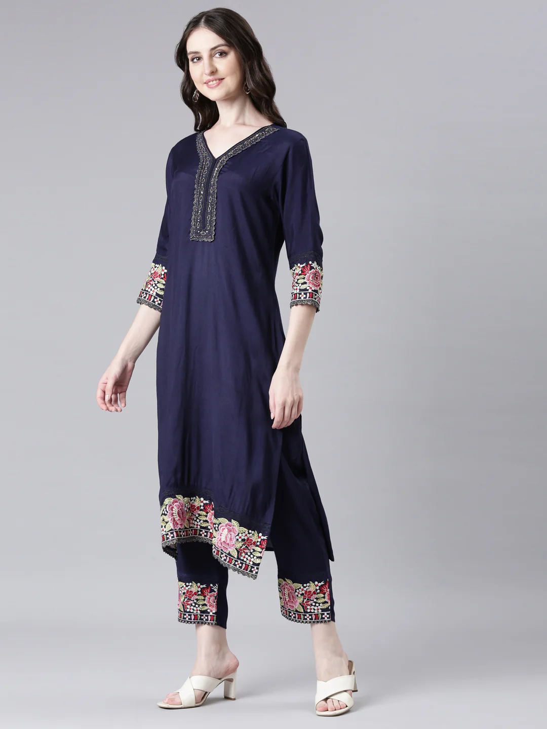 Neerus Navy Blue Solid Straight Kurta and Trousers With Dupatta - Image 2