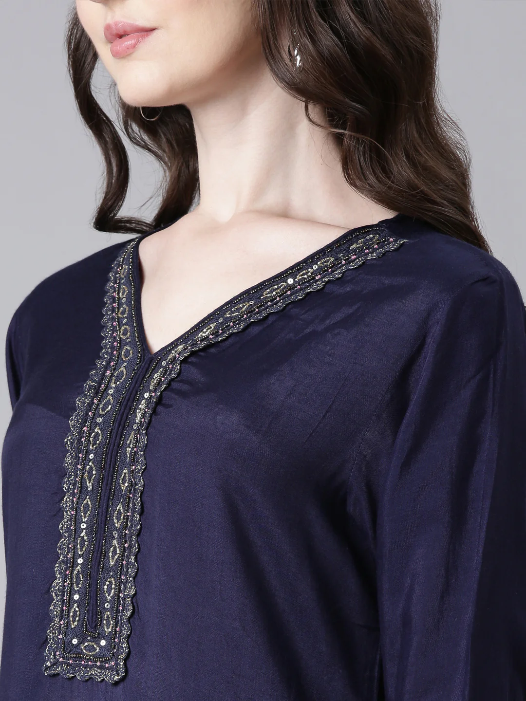 Neerus Navy Blue Solid Straight Kurta and Trousers With Dupatta - Image 4