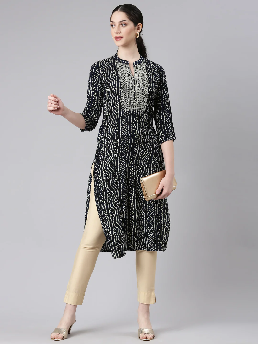 Neerus Navy Blue Straight Casual Bandhani Panelled Kurta - Image 5