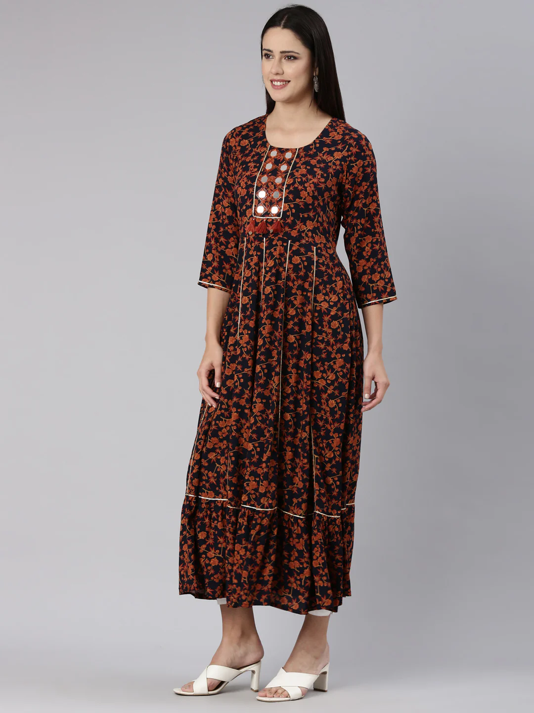 Neerus Navy Blue Straight Casual Floral Dress - Image 2