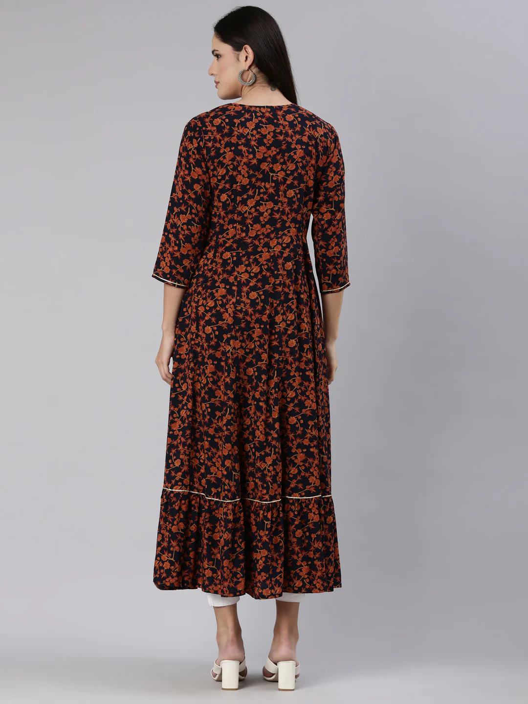 Neerus Navy Blue Straight Casual Floral Dress - Image 3