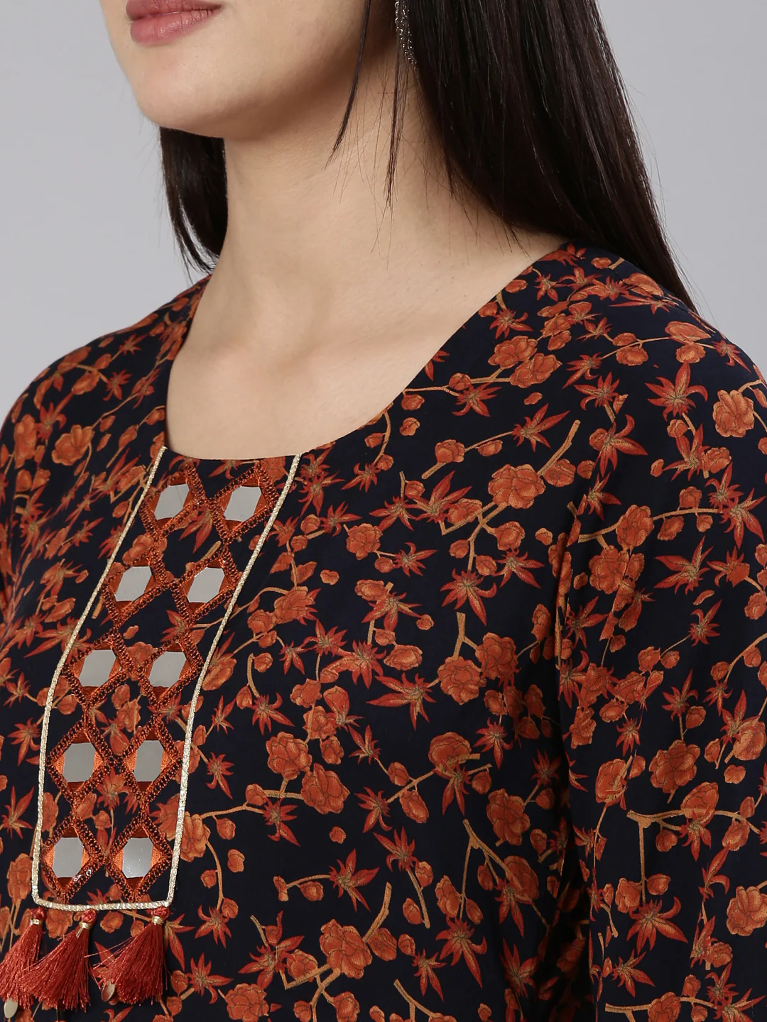Neerus Navy Blue Straight Casual Floral Dress - Image 4