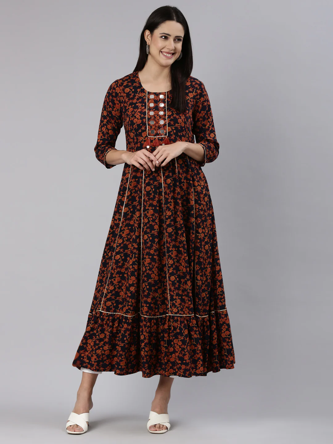 Neerus Navy Blue Straight Casual Floral Dress - Image 5