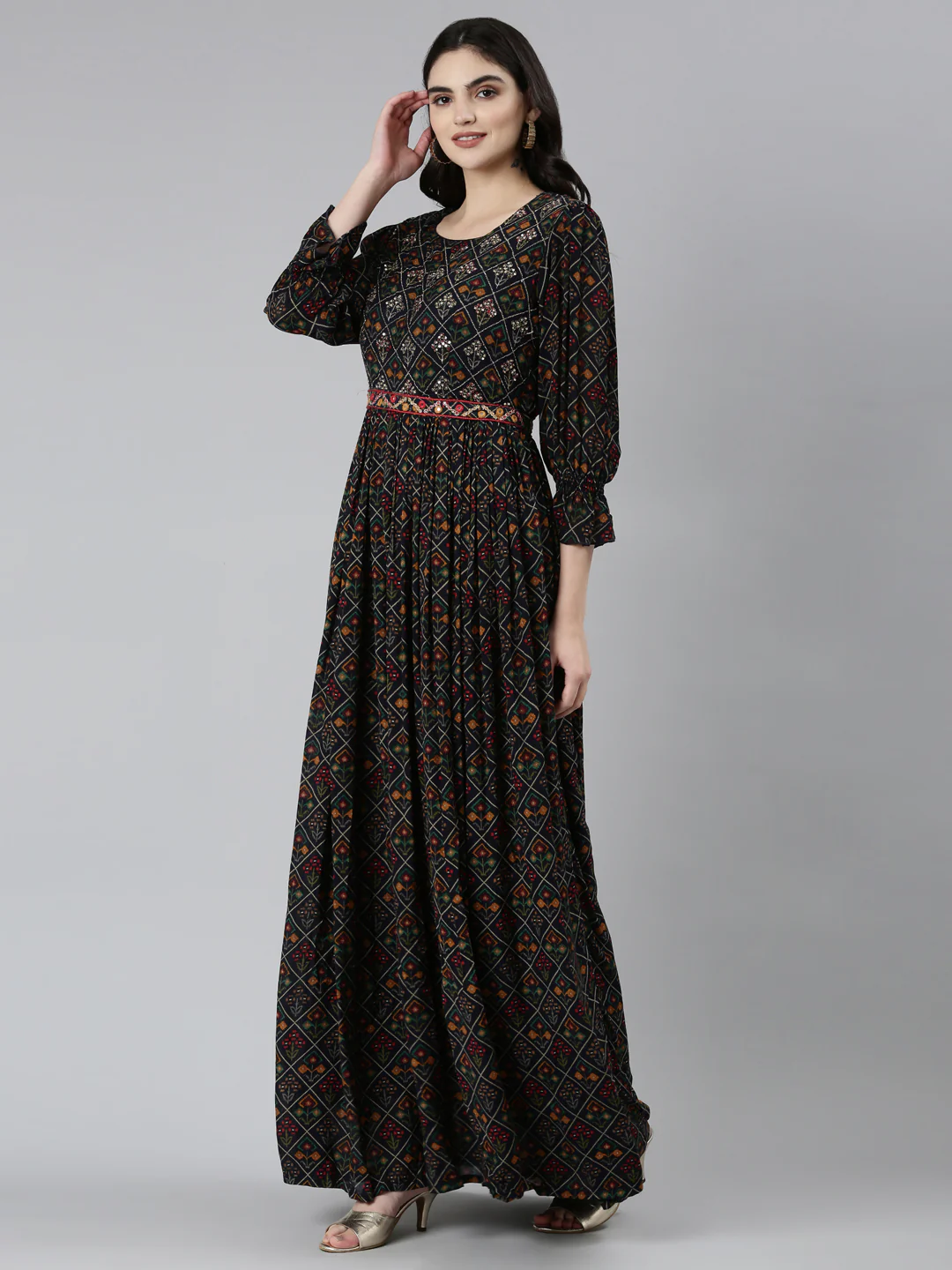 Neerus Navy Blue Straight Casual Floral Dresses - Image 2