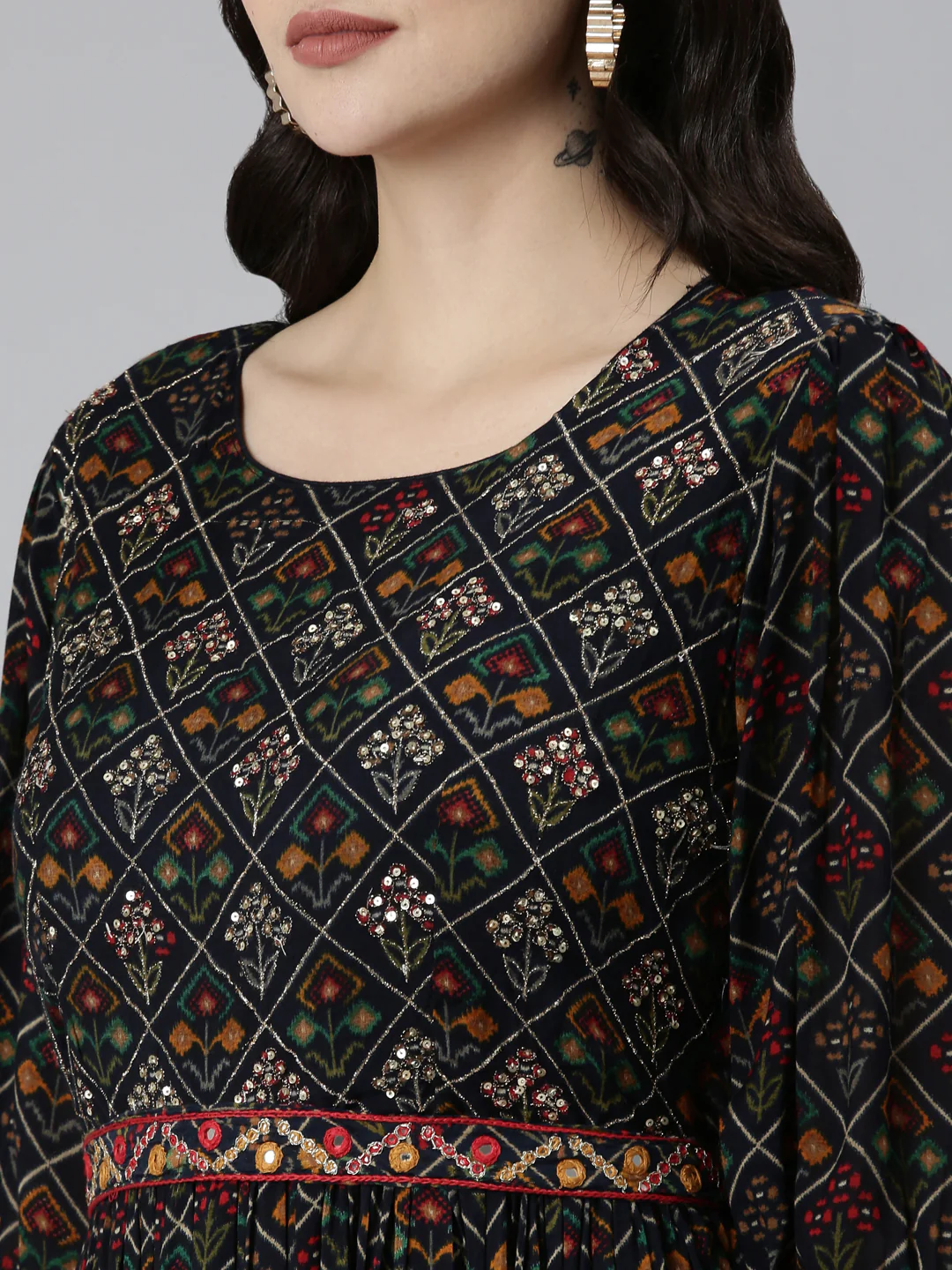 Neerus Navy Blue Straight Casual Floral Dresses - Image 4