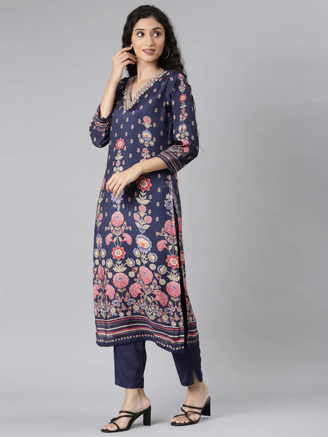 Neerus Navy Blue Straight Casual Floral Kurta and Trouser with Dupatta - Image 2
