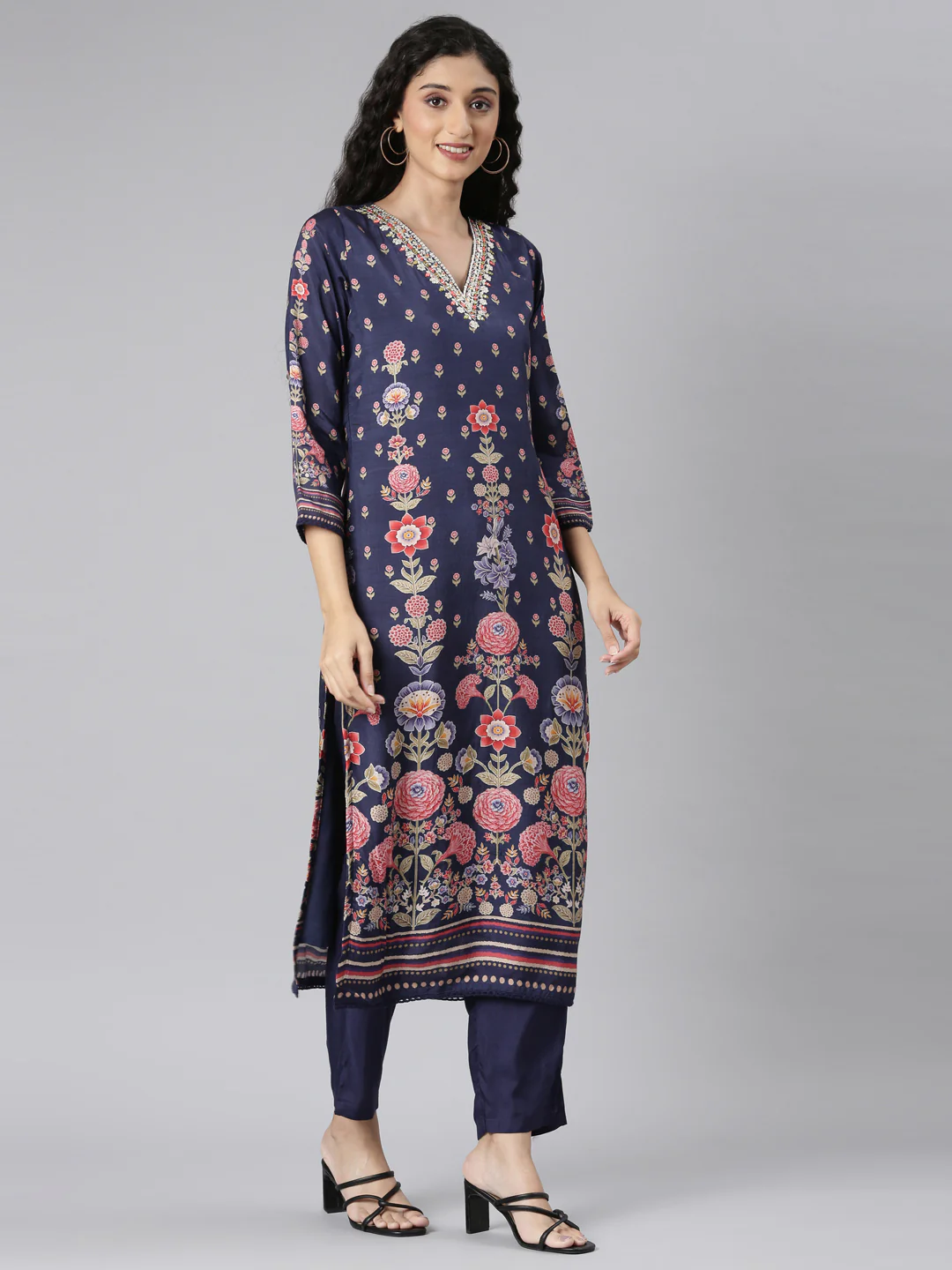 Neerus Navy Blue Straight Casual Floral Kurta and Trouser with Dupatta - Image 3