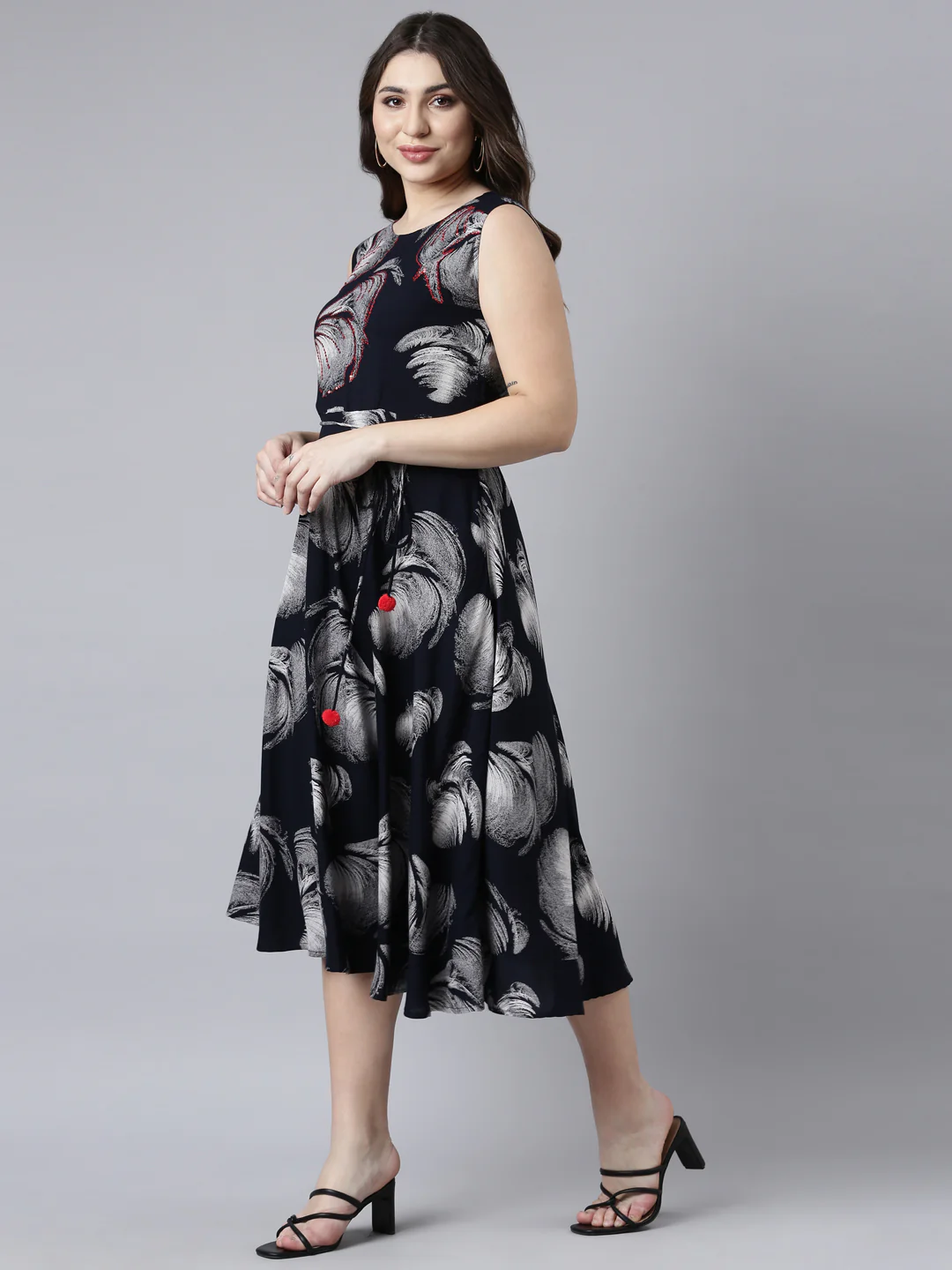 Neerus Navy Blue Straight Casual Floral Maxi Dresses - Image 2