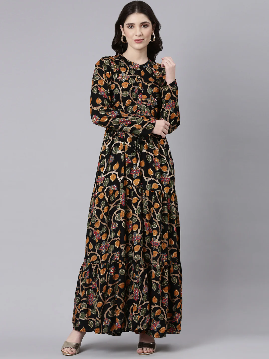 Neerus Navy Blue Straight Casual Printed Dress
