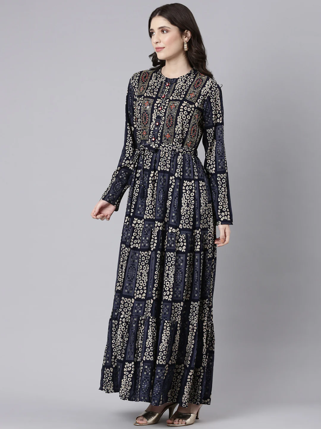 Neerus Navy Blue Straight Casual Printed Maxi Dresses - Image 2