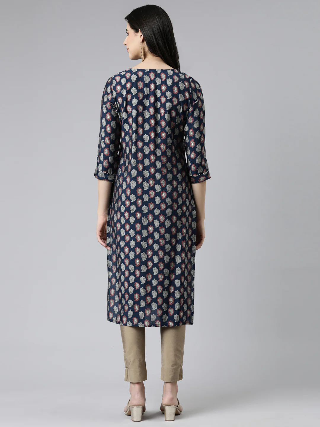 Neerus Navy Blue Straight Printed Modal Kurta - Image 3