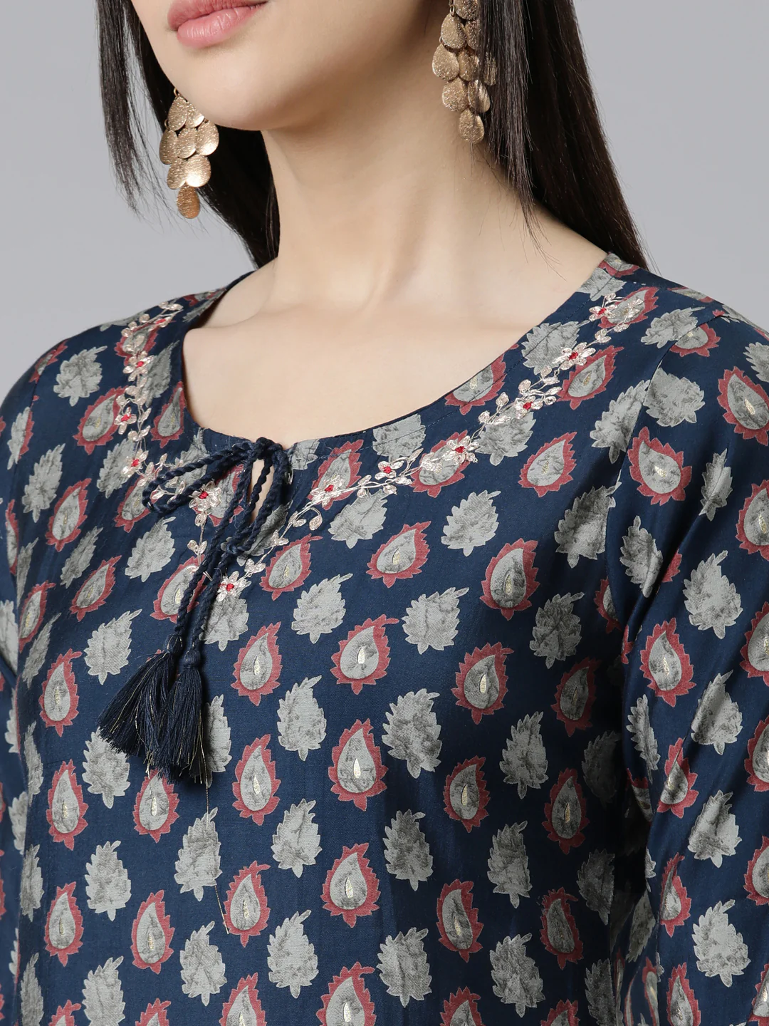 Neerus Navy Blue Straight Printed Modal Kurta - Image 4