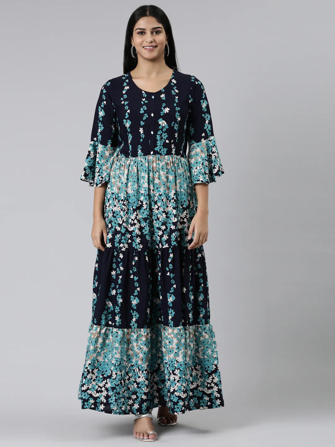 Neerus Navy Blue Straight Printed Viscose Rayon Kurta