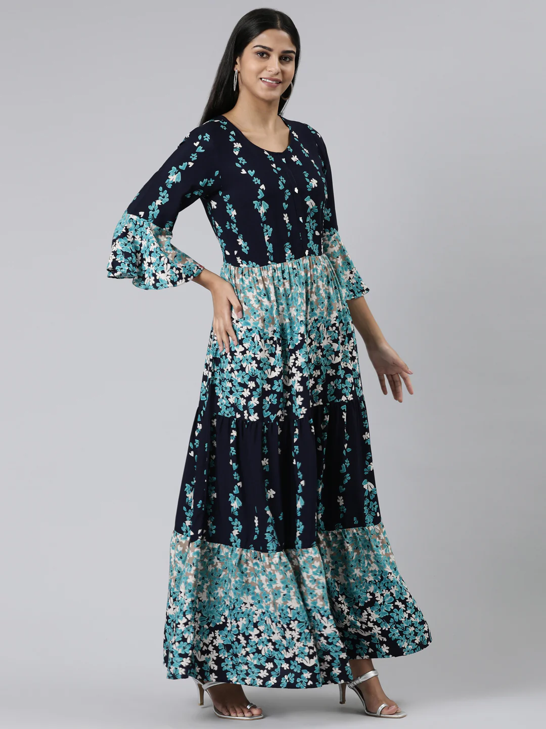 Neerus Navy Blue Straight Printed Viscose Rayon Kurta - Image 2