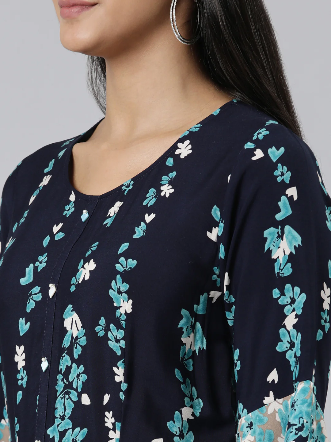 Neerus Navy Blue Straight Printed Viscose Rayon Kurta - Image 5