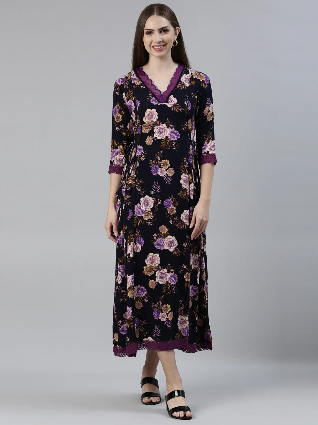 Neerus Navy Blue Straight Regular Viscose Rayon Kurta